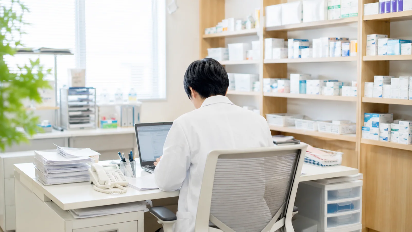 薬局のバックヤードで事務作業をする様子